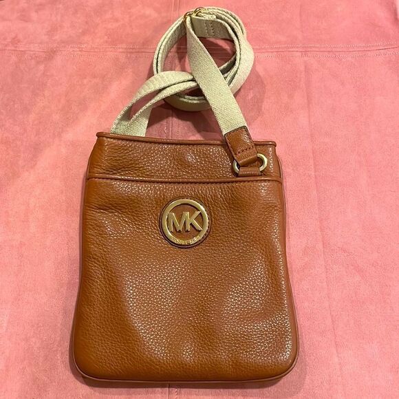 Authentic MK Michael Kors Fulton Tan Leather & Canvas Strap Crossbody Purse Bag - Picture 1 of 7
